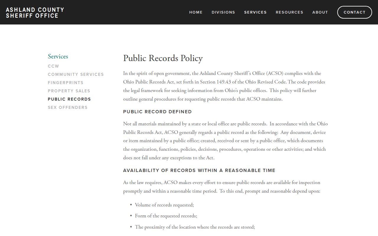Ashland County public booking records request policy